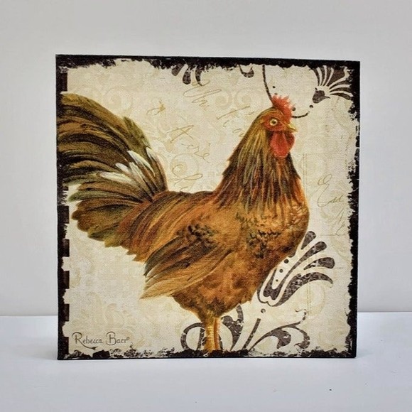 French Farmhouse Roosters Square Canvas Set of 2 Rebecca Baer - Picture 2 of 11
